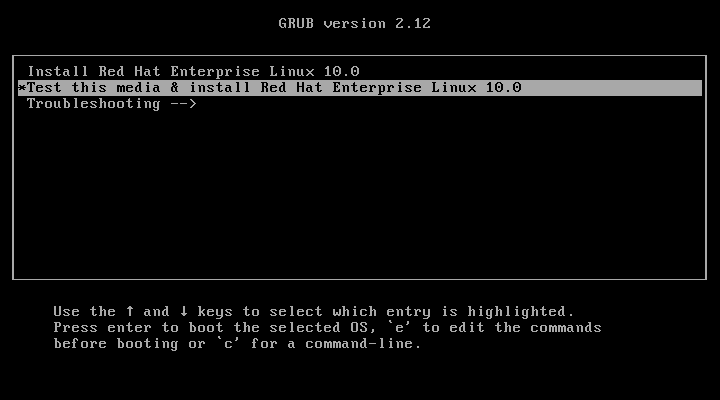 GRUB menu showing RHEL 10 install options