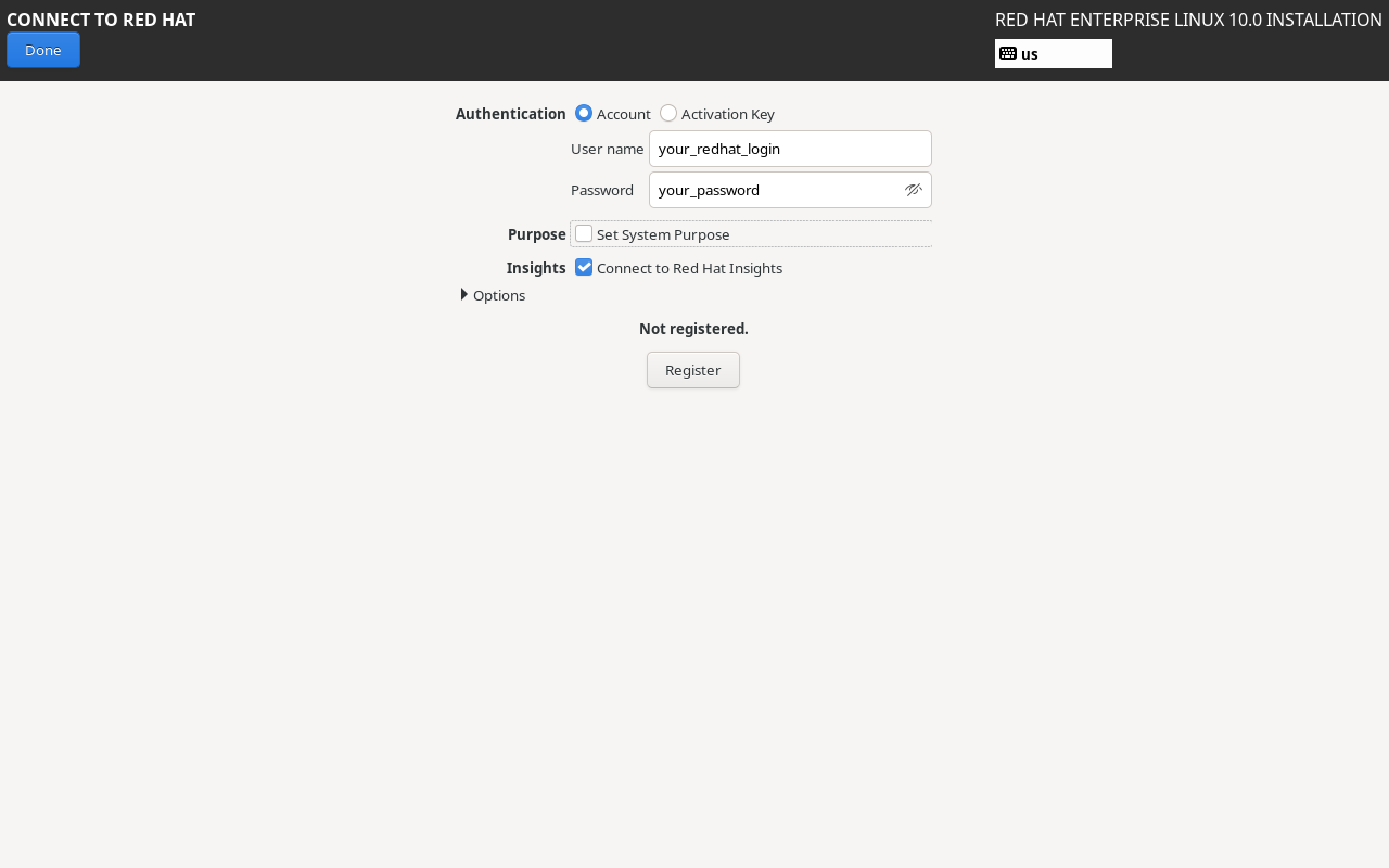 Connect to Red Hat screen during installation