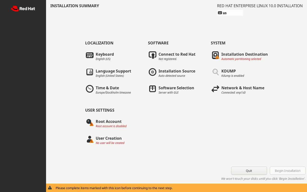 Installation summary with required items highlighted